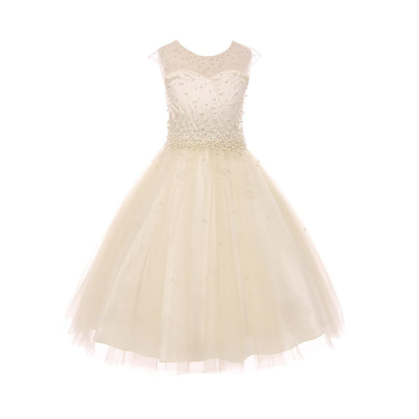 Little Girls Ivory Pearl Rhinestone Satin Tulle Illusion Flower Girl Dress 4-6 - SophiasStyle.com